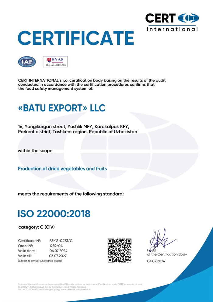 ISO 22000 Certificate